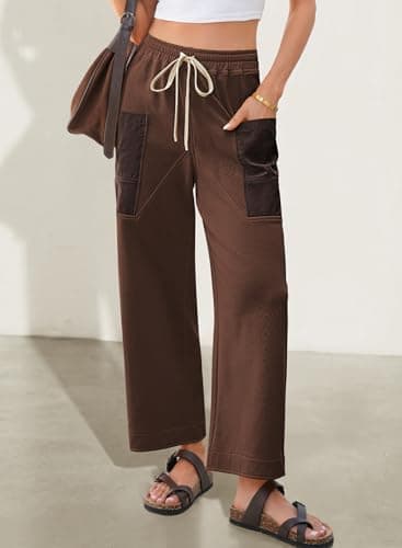 EVALESS Pants for Women Casual High Waisted Baggy Cargo Pants 2026 Summer Ankle Length Wide Leg Sweatpants with Pockets Drawstring Elastic Band Teacher Outfits Coffee X-Large - Thumbnail 2
