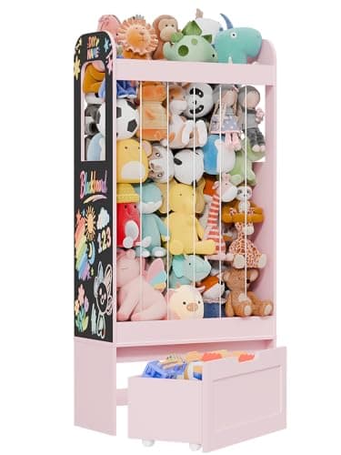 TidyplayCo 51.2"H Stuffed Animal Storage, Toy Organizer with 180L Stuffed Zoo for 80+ Plushies, Rolling Toy Box and 2 Blackboards, Wooden Kids Storage Shelf for Girls Boys Bedroom/Playroom/Living Room - Image 1