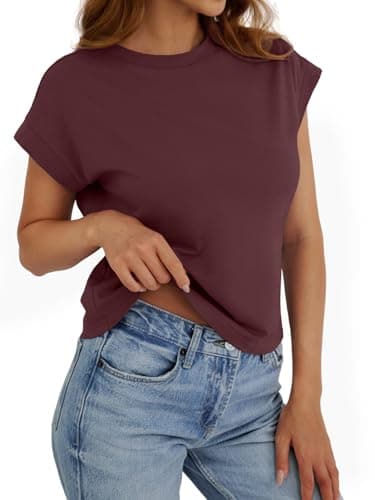 Brown Tops for Women Crop Tops Cap Sleeve T Shirt Cotton Crewneck T Shirts for Women Loose Fit 2026 - Thumbnail 2
