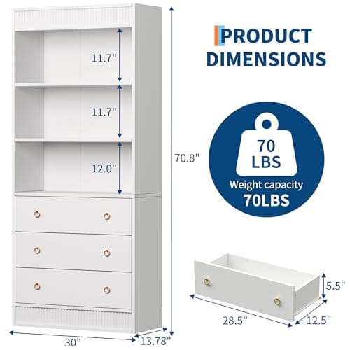 GarveeHome Bookshelf with Drawers 70.8" Fluted Bookcase, White Bookshelf 6 Tier Bookcase with Storage, Tall Book Shelf with Waved Design, Storage Cabinet with Open Shelf for Living Room Office - Thumbnail 2