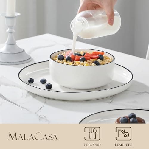 MALACASA Plates and Bowls Sets, 12 Pieces Modern Porcelain Dinnerware Set for 4 White Kitchen Dinner Dining Ware Set wtih Black Rim Ceramic Dishware Dishes Microwave and Dishwasher Safe, Series LUNA - Thumbnail 3