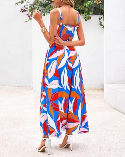 PRETTYGARDEN Womens Summer Dresses 2026 Casual Spaghetti Strap Ruffle Smocked Flowy Floral Spring Maxi Dress with Pocket(Floral Blue Multicolored,X-Large) - Thumbnail 5