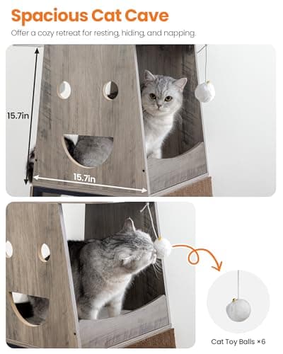 Feliskyn Modern Wood Cat Tree for Indoor Cats, 56 Inch Tall Cat Tower with Hammock, Multi-Level Trees with Perch Bed, 2 Hammock, Cat Condo, Scratching Board, Removable Pads, Cat Furniture, Greige - Thumbnail 6