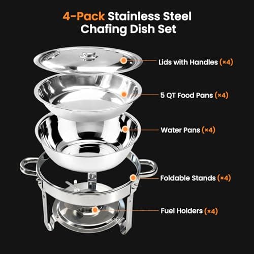 Chafing Dishes for Buffet Set 4 Pack, 5 Qt Chafers and Buffet Warmers Sets for Parties Round Catering Supplies Buffet Display - Thumbnail 5