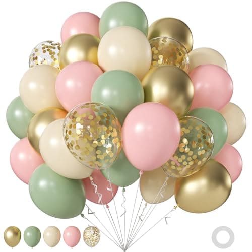 60Pcs Pink and Green Balloons, 12Inch Sage Green Pink Sand White Gold Confetti Balloons for Jungle Woodland Baby Shower Bridal Shower Wedding Birthday Party Decorations