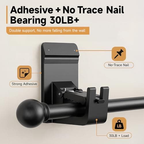Universal Heavy Duty Curtain Rod Brackets, No Drill Curtain Rod Brackets with Adhesive & Invisible Nail, 30+LB Load Curtain Rod Holders, Damage Free Curtain Rod Hooks for Wall, Bathroom, Kitchen 4PC - Thumbnail 5