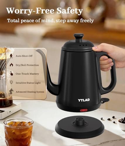 YTLAD Gooseneck Electric Kettle 1L, 1000W Fast Boiling for Pour-Over Coffee & Tea, 304 Stainless Steel BPA-Free, Precise Flow Spout, Auto Shut-Off & Boil-Dry Protection, Retro Style (Black) - Thumbnail 6
