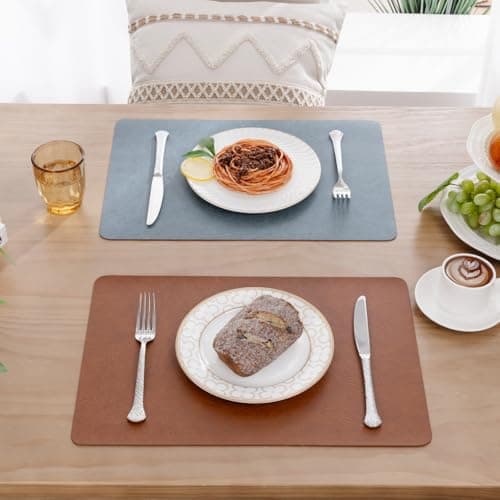 SHACOS Faux Cowhide Leather Placemats Set of 6, Wipeable Heat Resistant Table Mats, Stain Resistant Double Sided Reversible PU Place Mats for Dining Table Kitchen Restaurants, Brown and Blue - Thumbnail 5