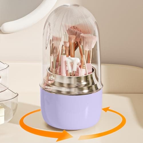 Anylady Makeup Brush Holder 360 Rotating, [Upgrade & with Cover] Makeup Brush Organizer for Vanity Countertop Bathroom (Purple) - Image 1