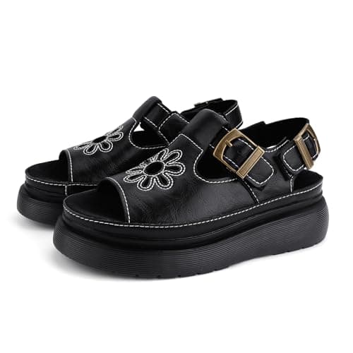 QIV Black Flower Platform Sandals for Women – Open Round Toe T-Strap with Adjustable Buckle – Summer Comfort Walking Shoes in Fisherman Style Size 6.5 - Thumbnail 6
