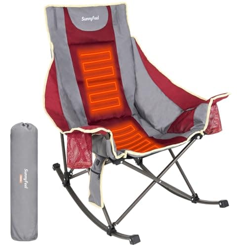SUNNYFEEL Heated Rocking Camping Chair Fully Padded Patio Folding Chair Portable Oversized Outdoor Rocker High Back Lawn Recliner with Side Pocket Camp Rocker Chairs for Adults Heavy Duty 500 LBS Red
