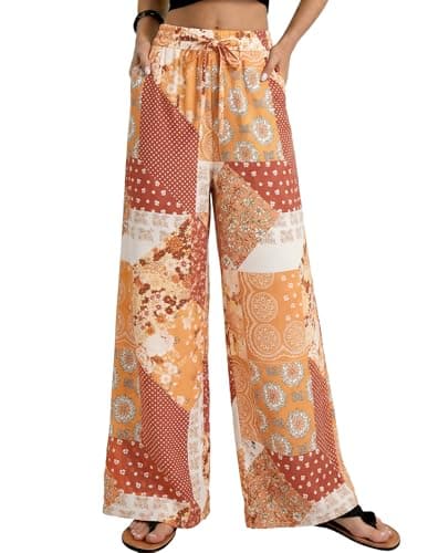 GRACE KARIN Womens Casual Wide Leg Pants, 2026 Spring Palazzo Boho Vacation Pants, High Waist Drawstring Trousers with Pockets Apricot M - Image 1