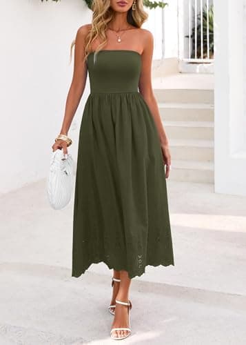 Lazysmile Summer Boho Maxi Dress for Women Strapless Tube Top Lace Trim A Line Beach Casual Long Dress Army Green - Thumbnail 3