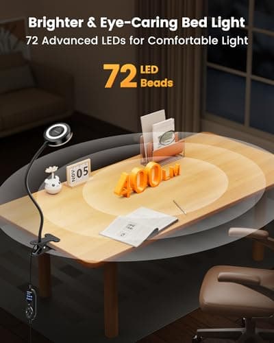 Glocusent Clip on Light, 72 LEDs Clip on Lamp with Amber Night Light, 3 Colors & 5 Brightness Bed Lamp, 30/60-Min Auto Off Timer, Perfect Eye Caring Reading Lamps for Bed/Headboard/Table/Desk - Thumbnail 2