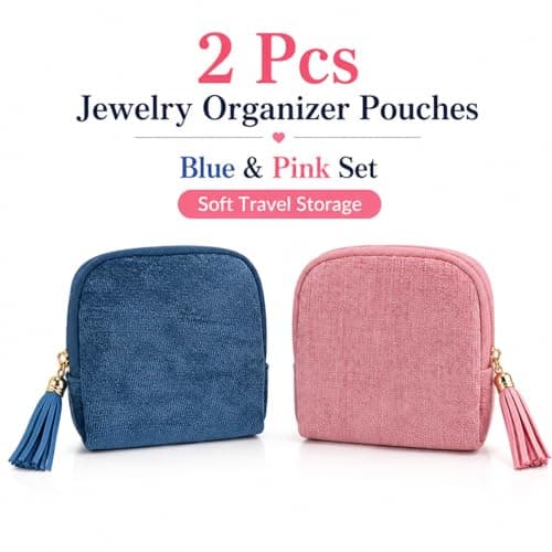 AOzT 2 Pcs Jewelry Organizer Pouches for Travel - Mini Jewelry Travel Case for Women, Soft Storage Bags with Tassel Zipper for Earrings Necklaces Rings Bracelets, Blue Pink - Thumbnail 2