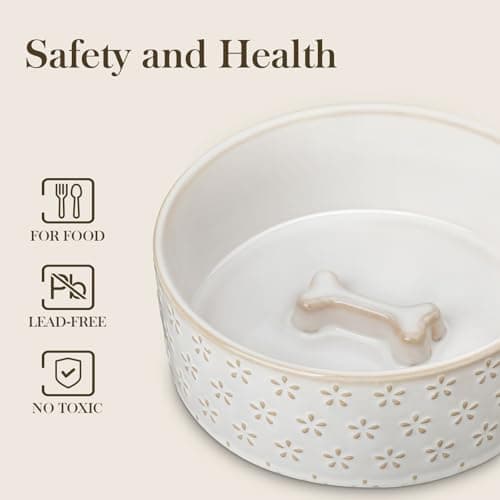 MALACASA Ceramic Dog Food Bowl, 3.5 Cups or 32oz Dog Food Water Dish for Mudium Breeds, Pet Bowl Dishwasher & Microwave Safe, Five-Leaf Grass, Series Lydia - Thumbnail 4