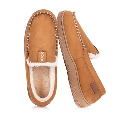 BOVTY House Slippers for Men Moccasins - Memory Foam&Warm Plush Indoor Outdoor Slip-on Loafers Beige - Image 1