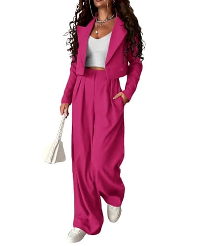 KIRUNDO Fall Sets Women 2 Piece Outfits Business Casual Cropped Blazer and Wide Leg Pants Suit Sets Work Clothes(Rose Red, XX-Large) - Image 1
