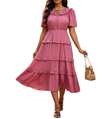Ystguic Casual Boho Summer Trendy Dresses with Pockets Elastic Waist for Women 2025 Pleated Flowy Aline Rayon Viscose Dress for Seniors for Wedding Guest X-Large YG025 Pink XL - Image 1