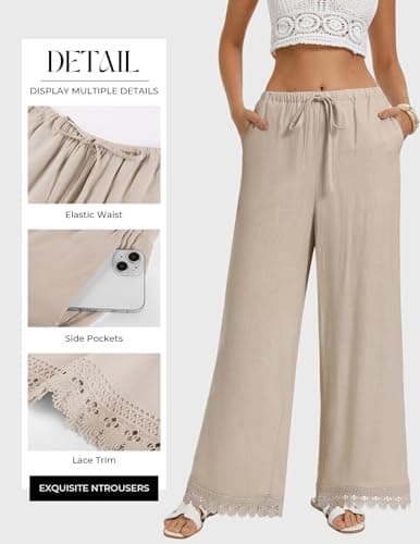 GRACE KARIN Womens Palazzo Pants Casual Drawstring Flowy Comfy Pants Wide Leg Summer Beach Linen Trousers with Pockets Apricot L - Thumbnail 3