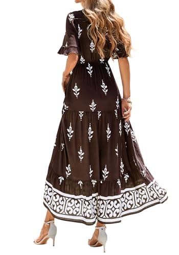 BTFBM Womens Summer Dresses 2026 Spring Casual Short Sleeve v Neck Boho Floral Flowy A-Line Tiered Maxi Dress Pockets(Floral Coffee White, Small) - Thumbnail 3