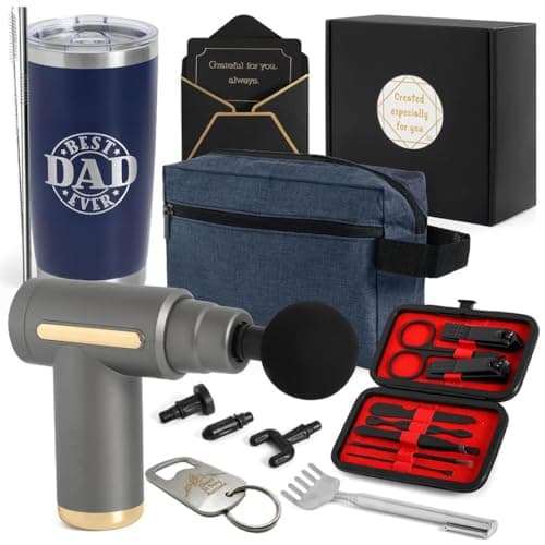 Dad Gift Box – Relaxation & Self Care Kit with Massage Gun, 20oz Tumbler, Toiletry Bag, Grooming Set – Birthday, Father’s Day Gifts for Him, Husband, Men Who Have Everything & Promoted to Dad - Image 1