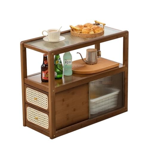 ABAMFUR Bamboo & Rattan Side Table with Glass Top – 2-in-1 End Table and Bedside Cabinet with Drawer Storage for Small Spaces, Bedroom, Living Room,Walnut