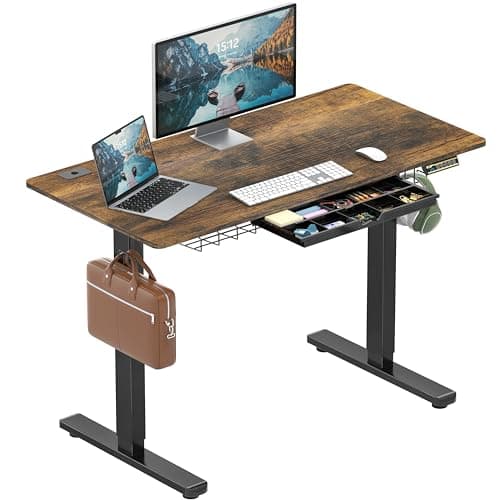 SHW 48-Inch Electric Height Adjustable Standing Desk with Drawer, Memory Preset and Cable Management Tray, Rustic Brown - Image 1