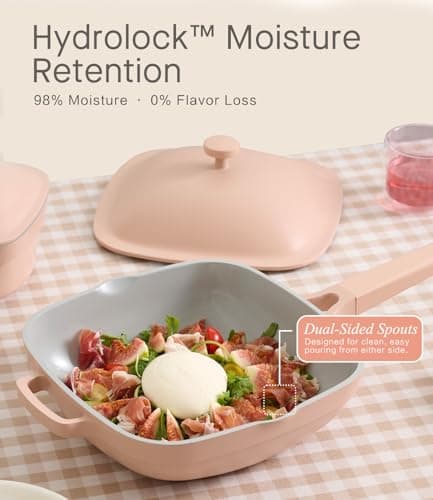 USELUCK 10.5 Inch(3.8QT) Ceramic Pan with Lid,Non Stick Frying Pans Cast Aluminum Deep Sauté Pans,Ti-Ceramic Non Toxic Pix Pan with Wooden Spatula and Scrubber-Desert Clay - Thumbnail 5