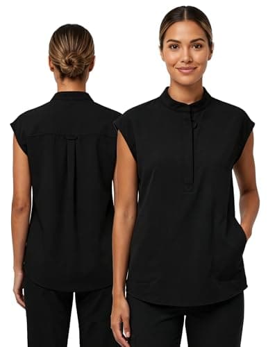 VECARDI Women's Scrub Top Zip Front Stretch Short Sleeve Nurse Uniform Shirt with Pockets Badge Loop Black - Thumbnail 2