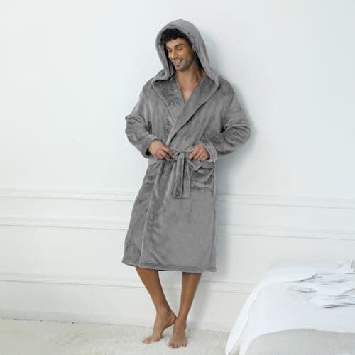 Lagtew Men's Hooded Fleece Bathrobe, Absorbent Anti-Static Plush Robe for Men with Pockets, Warm Soft for Home,DARK GREY,2XL/3XL - Thumbnail 2