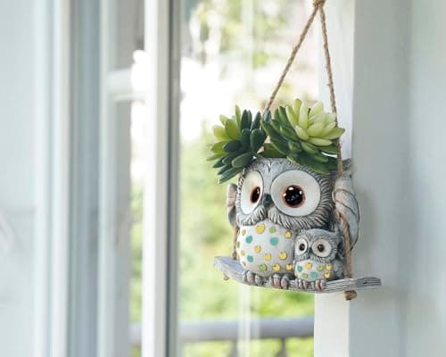Swing Owl Hanging Planters for Indoor Plants, Cute Small Succulent Pots with Drainage Hole, Unique Resin Plant Hangers Outdoor, Hanging Plant Holder for String Of Pearls, Gift Ideas for Mother - Thumbnail 3