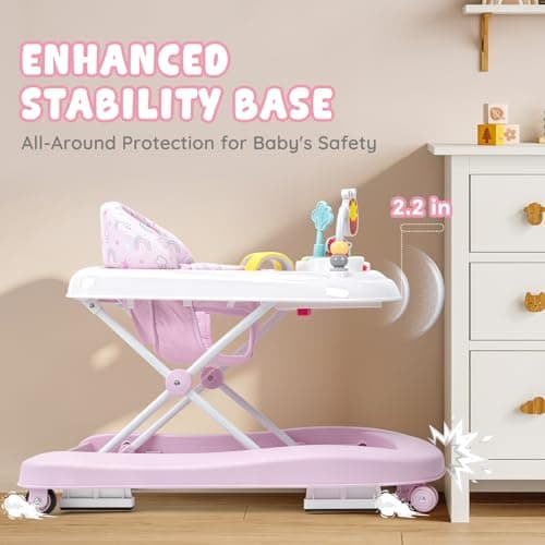 Baby Walker with Wheels, 5-in-1 Foldable Push Walker for Baby Girls 6-12 Months, Baby Walker & Bouncer Combo, Adjustable Height, Music Light Infant Activity Center Bouncer Walker(Pink) - Thumbnail 4