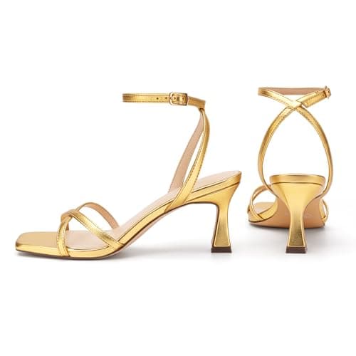 Athlefit Gold Kitten Heels for Women Square Open Toe Strappy Heeled Sandals Ankle Strap Party Dress High Heels for Prom Wedding Size 8.5 - Thumbnail 6