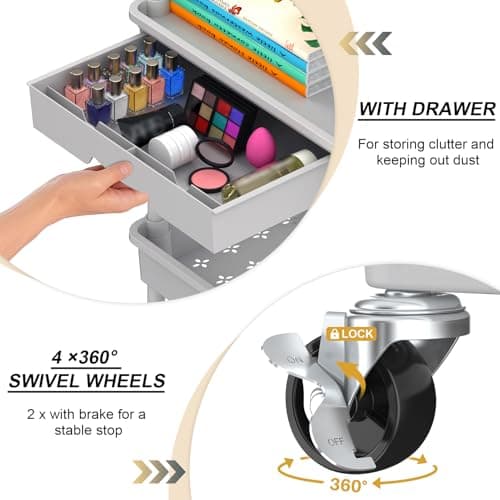 Goovilla 3 Tier Rolling Utility Cart Organizer with Removable Drawer, Stable and Sturdy Grey Rolling Storage Carts with 2 Lockable Wheels for Bathroom, Kitchen, Snack, Craft, Makeup, Baby Essentials - Thumbnail 2