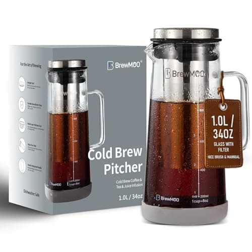 BrewMOO Cold Brew Coffee Maker Pitcher, 1.0L/34Oz Airtight Borosilicate Glass Carafe with 150 Mesh Precision Filter | Barista Grade Iced Coffee Maker, Integrated Glass Handle & Non Slip Base (Grey) - Image 1
