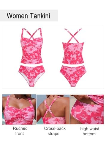 ZAFUL Women's Tankini Swimsuits Tummy Control Two Piece Swimsuit Slimming Ruched Push Up Tankini Bathing Suits Swimwear Ideal for Beach Parties (Pink Floral M) - Thumbnail 4