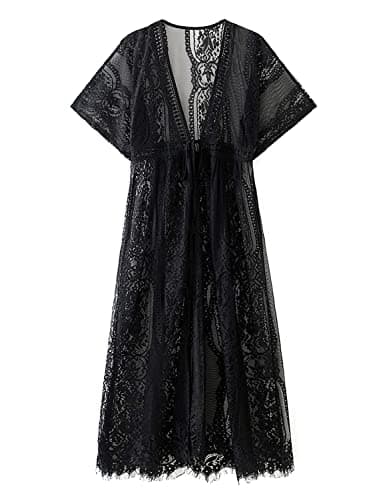 Women's Long Lace Kimono Cover Ups Tops Lightweight Summer Cardigan Dusters Sheer Boho Beach Plus Size Maxi XX-Large Black - Thumbnail 5