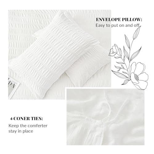 DCSKY White Duvet Cover Queen Size, Ultra Soft 3-Piece Boho Seersucker Duvet Cover Set with Zipper Closure, Soft Washed Microfiber Bedding Set (90"x90", 2 Pillowshams) - Thumbnail 4