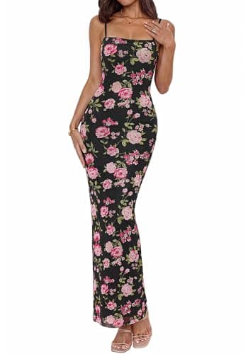 BTFBM Womens Maxi Dress 2026 Spring Floral Sexy Spaghetti Straps Sleeveless Bodycon Summer Beach Wedding Guest Dresses(Floral Black Pink, Medium) - Image 1