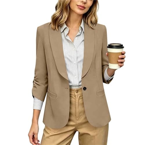 Blazers for Women Business Casual, 2026 Summer Trendy Womens Lapel Collar 3/4 Sleeve Lightweight Blazers Slim Fit Open Front Work Office Suit Jackets Blazer with Pockets 02# Khaki XXL - Image 1