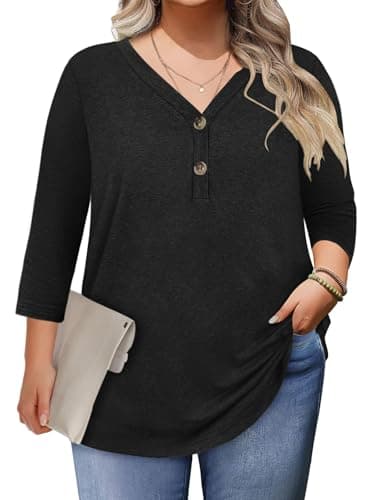 Plus Size Clothes for Women Beach Vacation Spring Winter Fashion Clothing Summer Outfits 3/4 Length Sleeve Womens Tops Blouses Dressy Casual Button Down Henley Shirts Oversized Tshirts Black L - Image 1