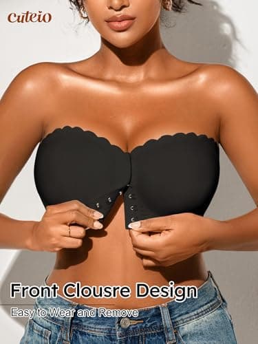 Cuteio Strapless Bras for Women, Front Closure Anti-Slip Comfortable Bandeau Top, Wavy Edge Padded Bra Black - Thumbnail 2