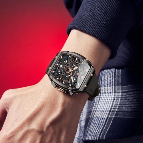OLEVS Black Watches for Men Luxury Fashion Tonneau Square Large Face Skeleton Mens Watches Rubber Moon Phase Date Waterproof Multifunctional Chronograph Metal Men's Watch Reloj para Hombre - Thumbnail 2