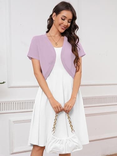 Heymoments Women's Short Sleeve Shrugs Light Purple X-Large Lightweight V-Neck Open Front Cropped Cardigan Knitted Bolero Sweaters Elegant Dresses Cover Up - Thumbnail 2