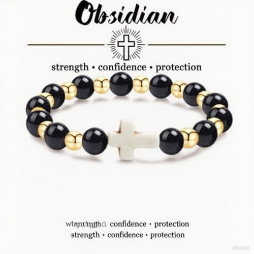 Alegend 8MM Black Obsidian Bracelet with 18K Gold Beads & Cross - Ward Off Negativity, Boost Confidence & Protection, Handmade Spiritual Jewelry - Thumbnail 4