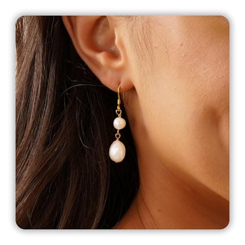 Sereney Gold Pearl Earrings for Women, Sterling Silver Freshwater Pearl Jewelry as Drop Pearl Earrings for Women Gold Dangle Earrings as Wedding Jewelry for Bride Bridesmaid Earrings - Image 1
