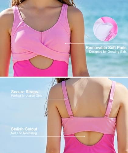 MFAVIP Girls One Piece Swimsuits, Girls Bathing Suits Pink Ruffle Swimsuit with Removable Pads and Adjustable Straps Size 9-16 - Thumbnail 5