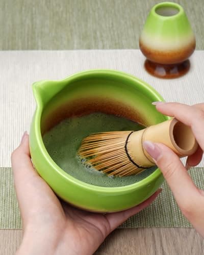 Joiish Matcha Whisk Set, Gradient Matcha Kit, Ceramic Bowl with Spout (18oz), Bamboo Whisk, Stainless Sifter, Scoop & Chasen Holder, 5-PC Complete Macha Tea Ceremony Tools (Bamboo-Green) - Thumbnail 4