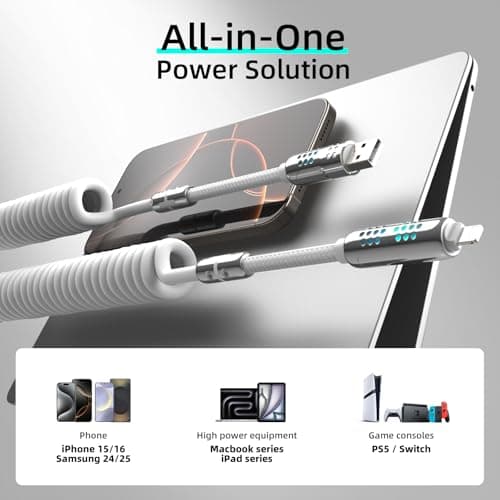 MFish 4-in-1 Coiled USB-C Charging Cable, 6 FT USB A to USB C Cable, 240W Fast Charger for iPhone 17/16/15 Pro Plus Pro Max, for iPad MacBook Pro/Air, Laptops - Multi Charger Cord with Lightning - Thumbnail 2